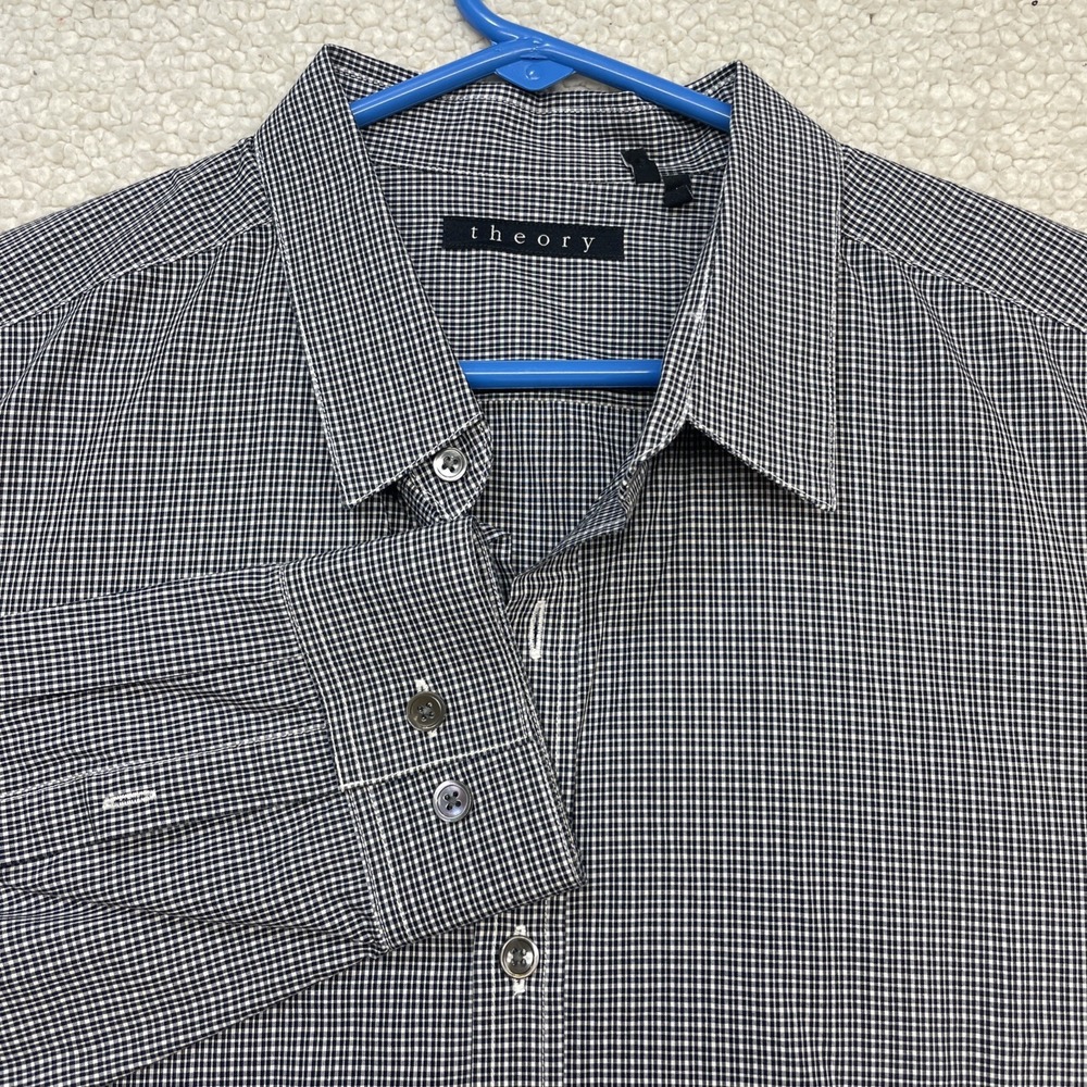 Theory Button Down Men L Navy White Micro Check Gingham Cotton Shirt Long Sleeve